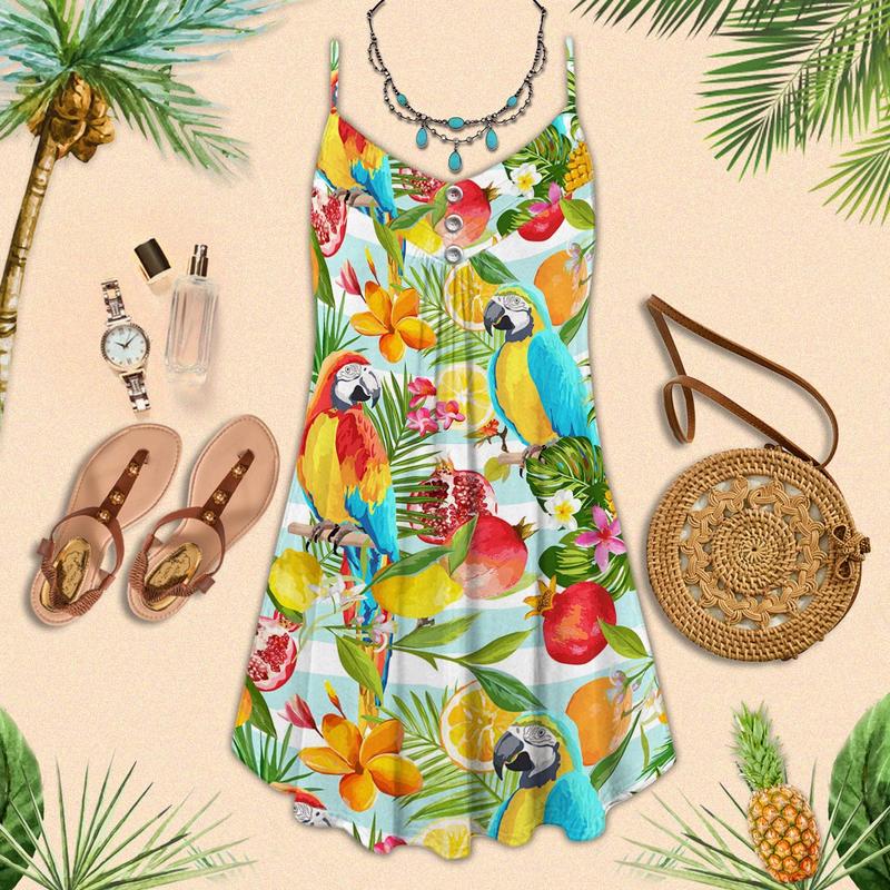Parrot Love Tropical Is Coming V-Neck Sleeveless Cami Dress For Island Holidays And Thoughtful Gifting