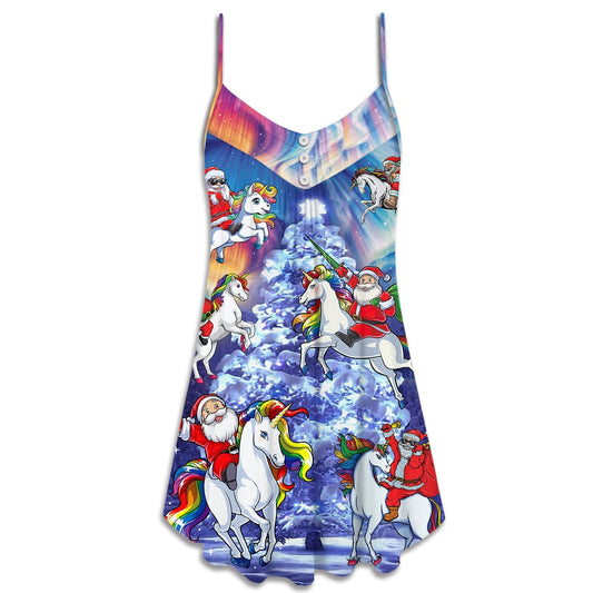 Christmas Santa Riding Unicorn Rainbow Night – Women's Summer Sleeveless V-Neck Camisole Dress