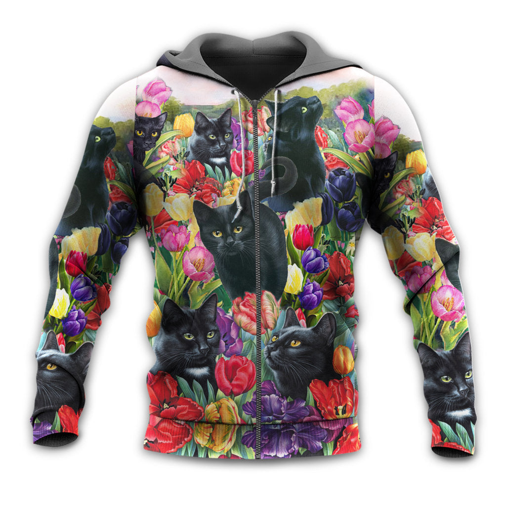 Black Floral Colorful Cat Love Hoodie For Nature Lovers Casual Travel And Comfortable Layering