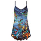 Halloween Pirate Dinosaur Night V-Neck Sleeveless Cami Dress For Spooky Season Events And Relaxed Casual Styling