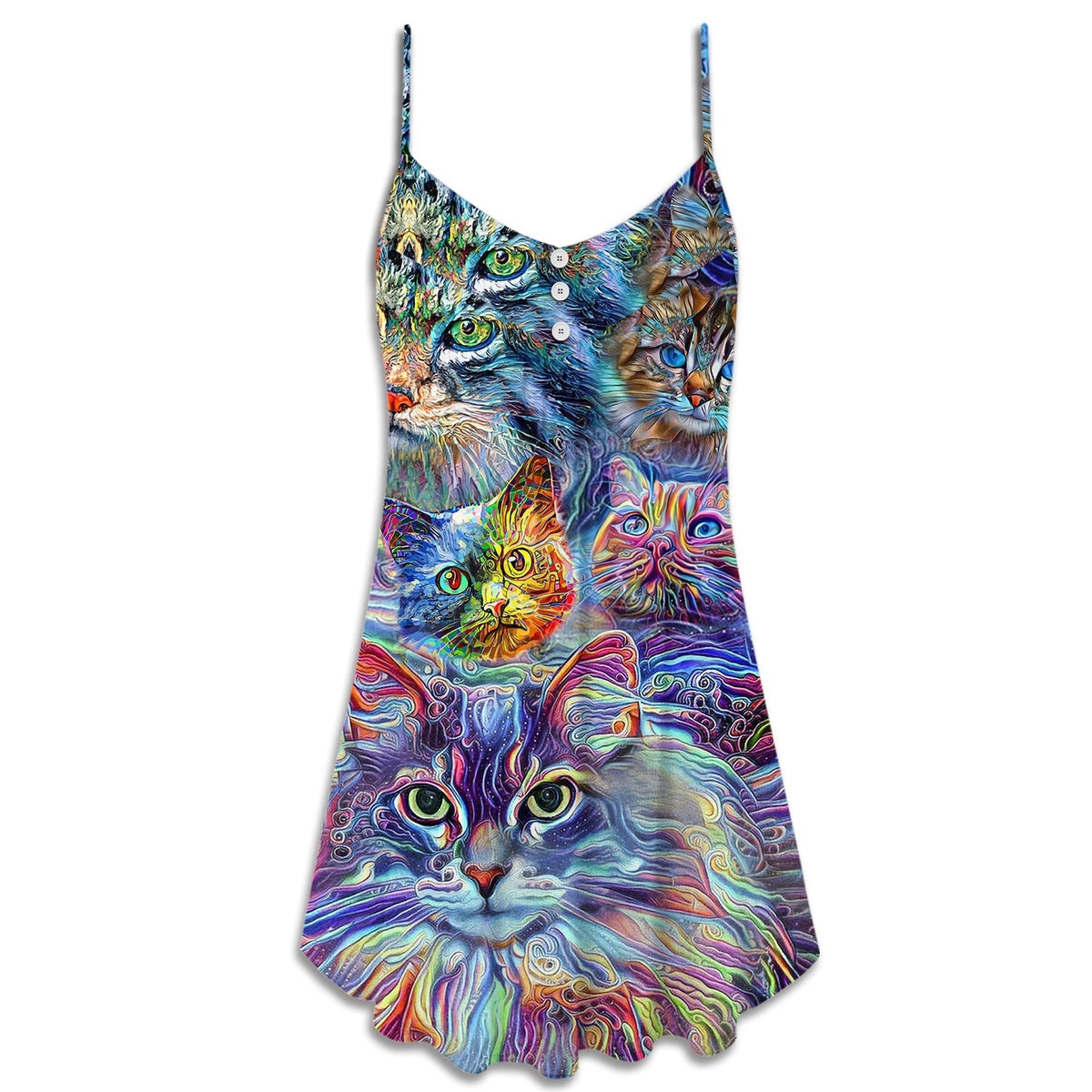 Hippie Cat Art Lover Colorful V-Neck Sleeveless Cami Dress For Festivals Travel And Relaxed Casual Summer Wear