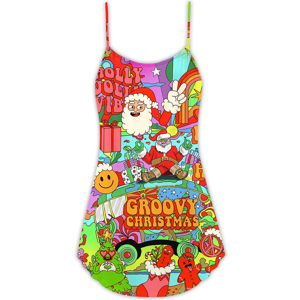 Hippie Santa Peace Bus V-Neck Sleeveless Cami Dress For Christmas Events Vacations And Playful Warm Weather Wear