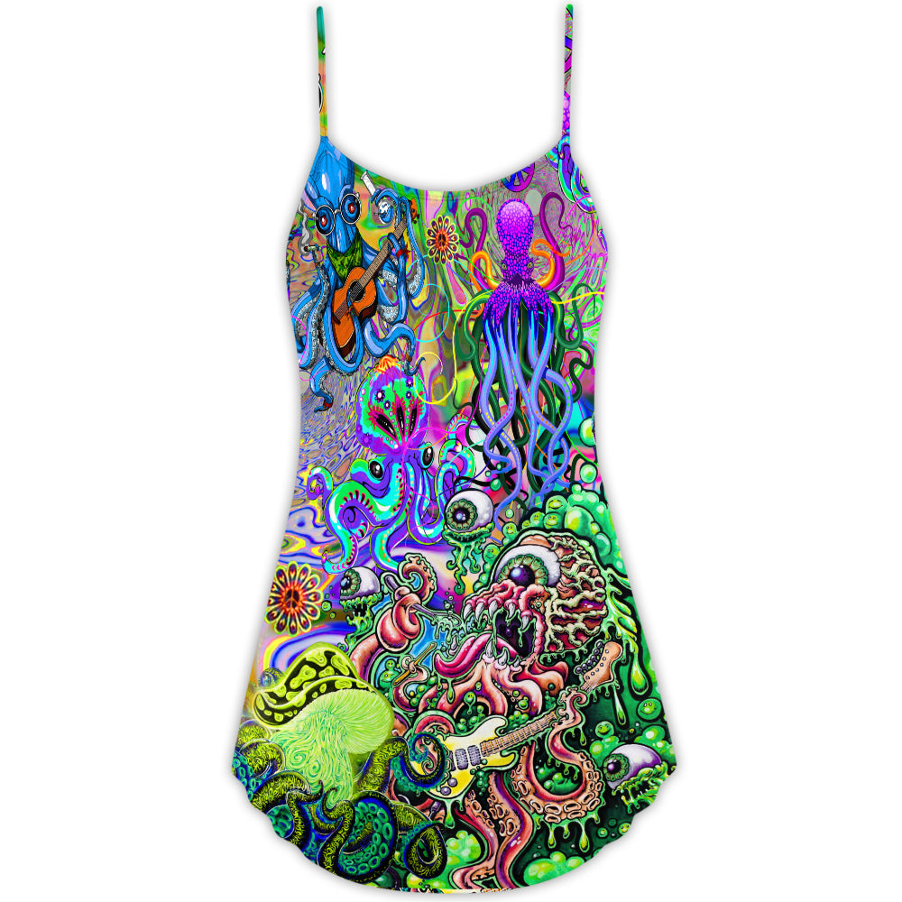 Hippie Funny Octopus Music Love V-Neck Sleeveless Cami Dress For Festivals Travel And Relaxed Casual Summer Wear