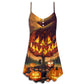 Halloween Burning Pumpkin Style V-Neck Sleeveless Cami Dress For Festivals Travel And Relaxed Casual Summer Wear