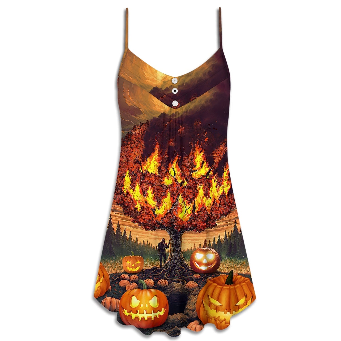 Halloween Burning Pumpkin Style V-Neck Sleeveless Cami Dress For Festivals Travel And Relaxed Casual Summer Wear