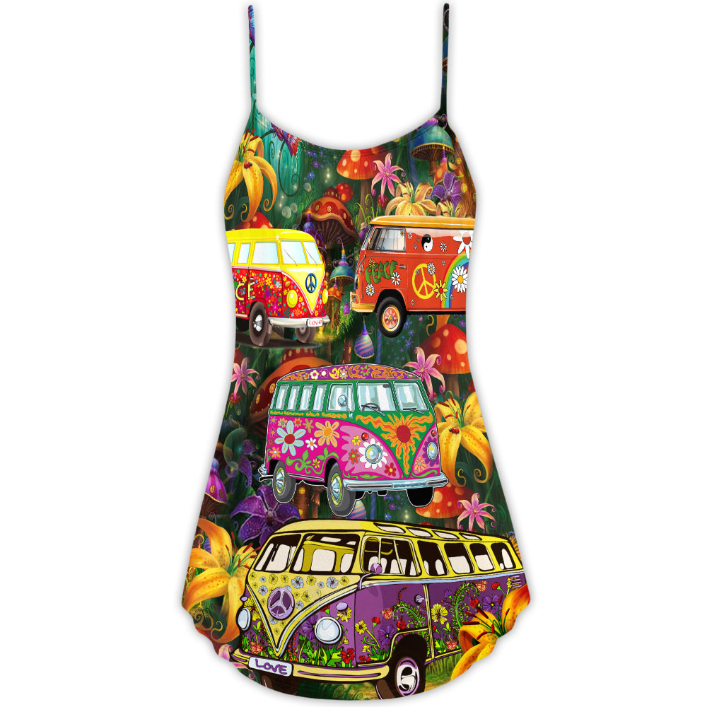 Hippie Bus Peace Life Colorful V-Neck Sleeveless Cami Dress For Festivals Travel And Relaxed Casual Summer Wear