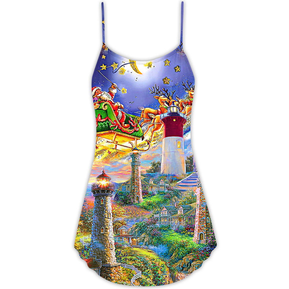 Lighthouse Santa Home Light V-Neck Sleeveless Cami Dress For Festive Events And Casual Summer Styling
