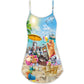 Happy Cat Beach Sunshine V-Neck Sleeveless Cami Dress For Beach Trips And Relaxed Vacation Style