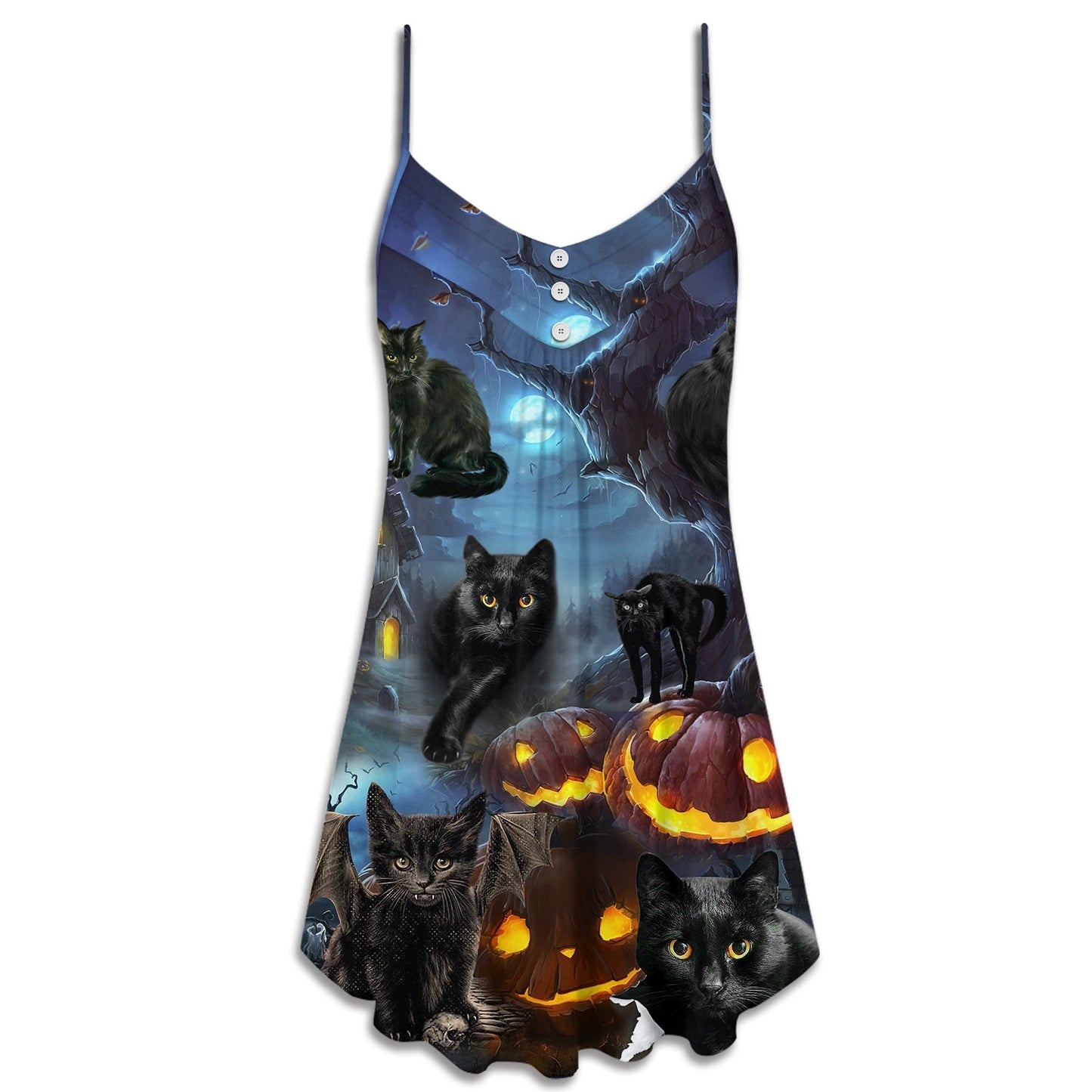 Halloween Black Cat Dark Night V-Neck Sleeveless Cami Dress For Festivals Travel And Relaxed Casual Summer Wear