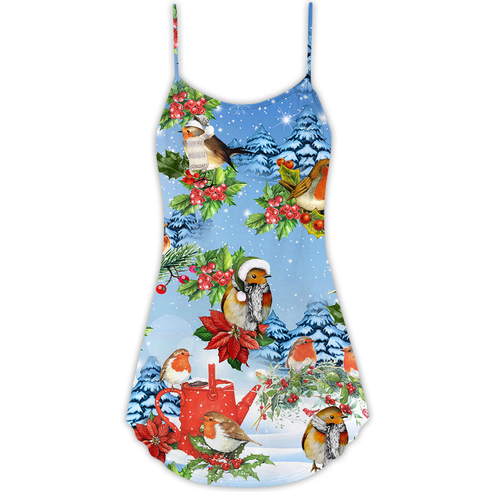 Robin Birds Merry Christmas V-Neck Sleeveless Cami Dress For Holiday Parties And Relaxed Vacation Wear
