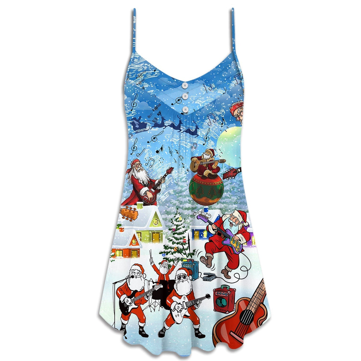 Christmas Santa Loves Music Guitar V-Neck Sleeveless Cami Dress For Summer Events And Comfortable Everyday Style