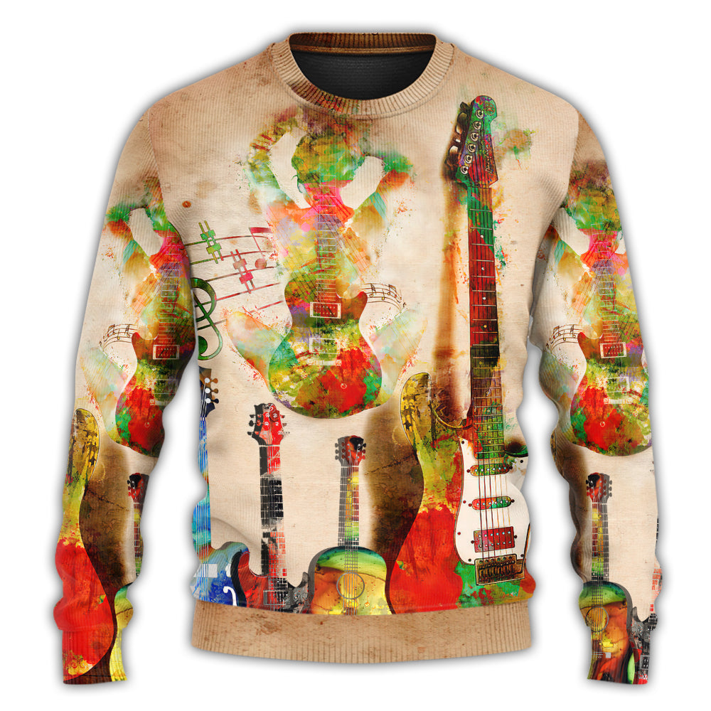 Abstract Colorful Guitar Sweater For Holidays Parties And Comfortable Everyday Wear