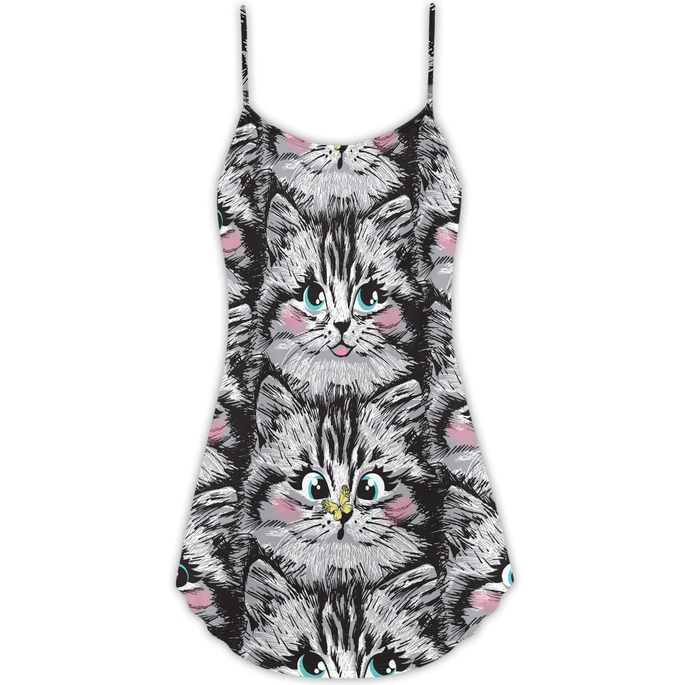 Lovely Cat Cute Kitten V-Neck Sleeveless Cami Dress For Vacations Outdoor Events And Cheerful Casual Fashion