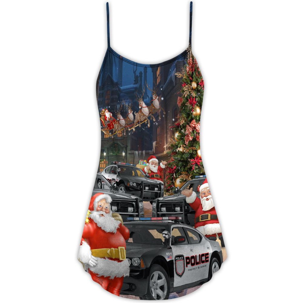 Christmas Santa Police Car Merry V-Neck Sleeveless Cami Dress For Summer Events And Comfortable Everyday Style