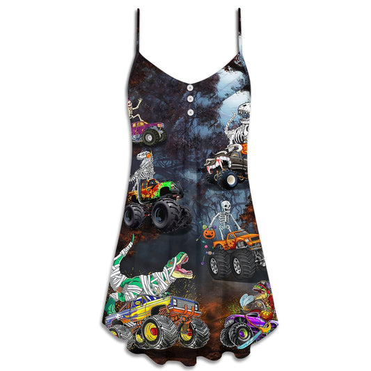 Halloween Skeleton Dinosaur Monster Truck – Women's Summer Sleeveless V-Neck Camisole Dress