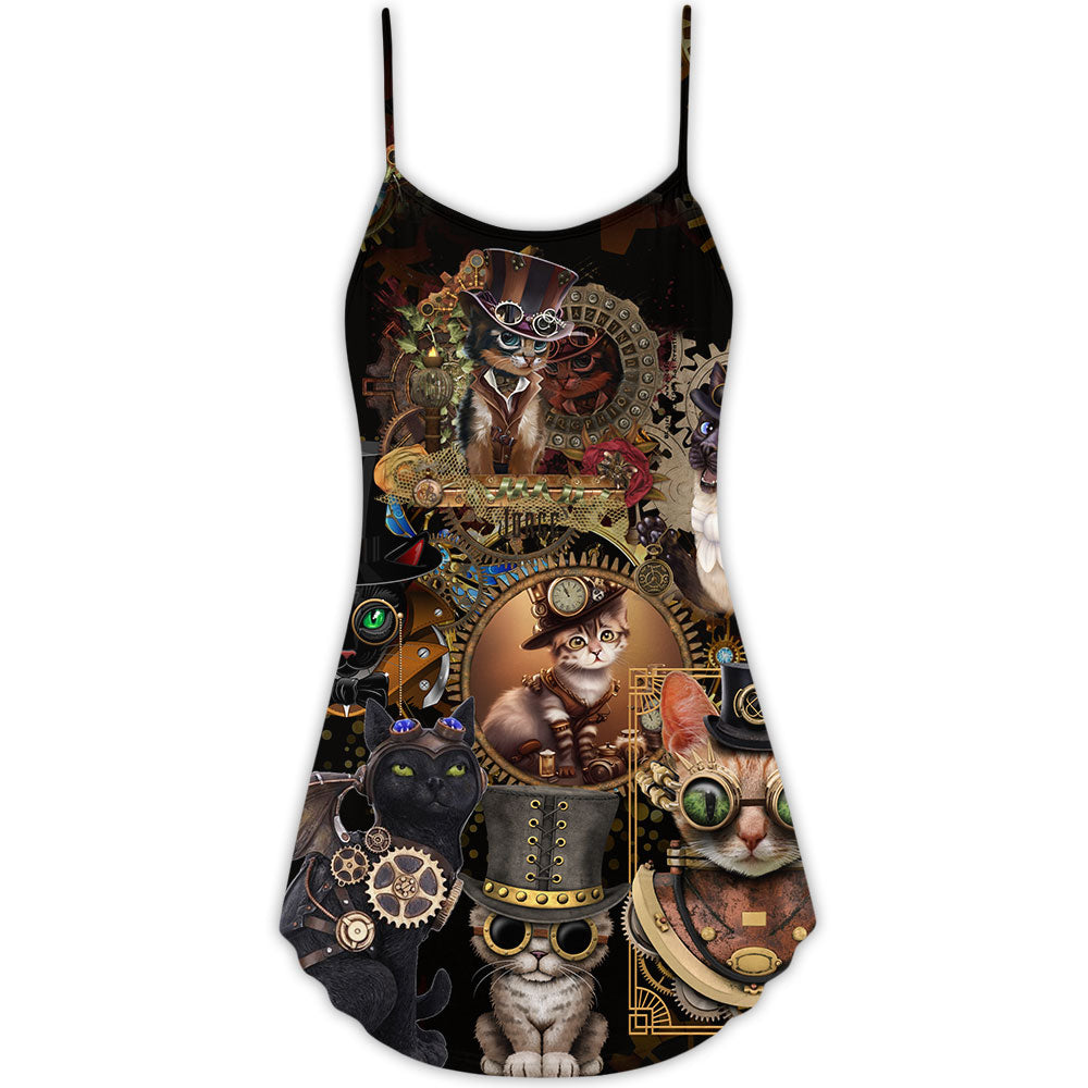 Steampunk Cat Stay Calm V-Neck Sleeveless Cami Dress For Summer Events And Comfortable Everyday Style