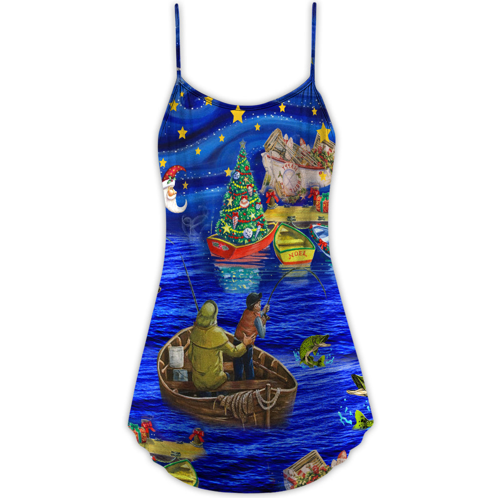 Christmas Fishing Lover Happy Holiday V-Neck Sleeveless Cami Dress For Vacations And Casual Warm Weather Wear