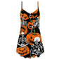 Halloween Skeleton Pumpkin Night V-Neck Sleeveless Cami Dress For Summer Events And Comfortable Everyday Style