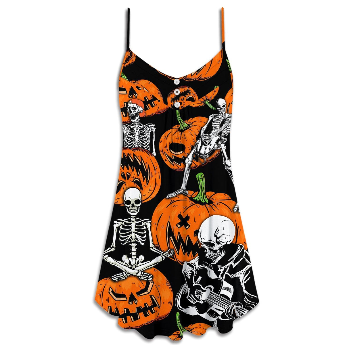 Halloween Skeleton Pumpkin Night V-Neck Sleeveless Cami Dress For Summer Events And Comfortable Everyday Style