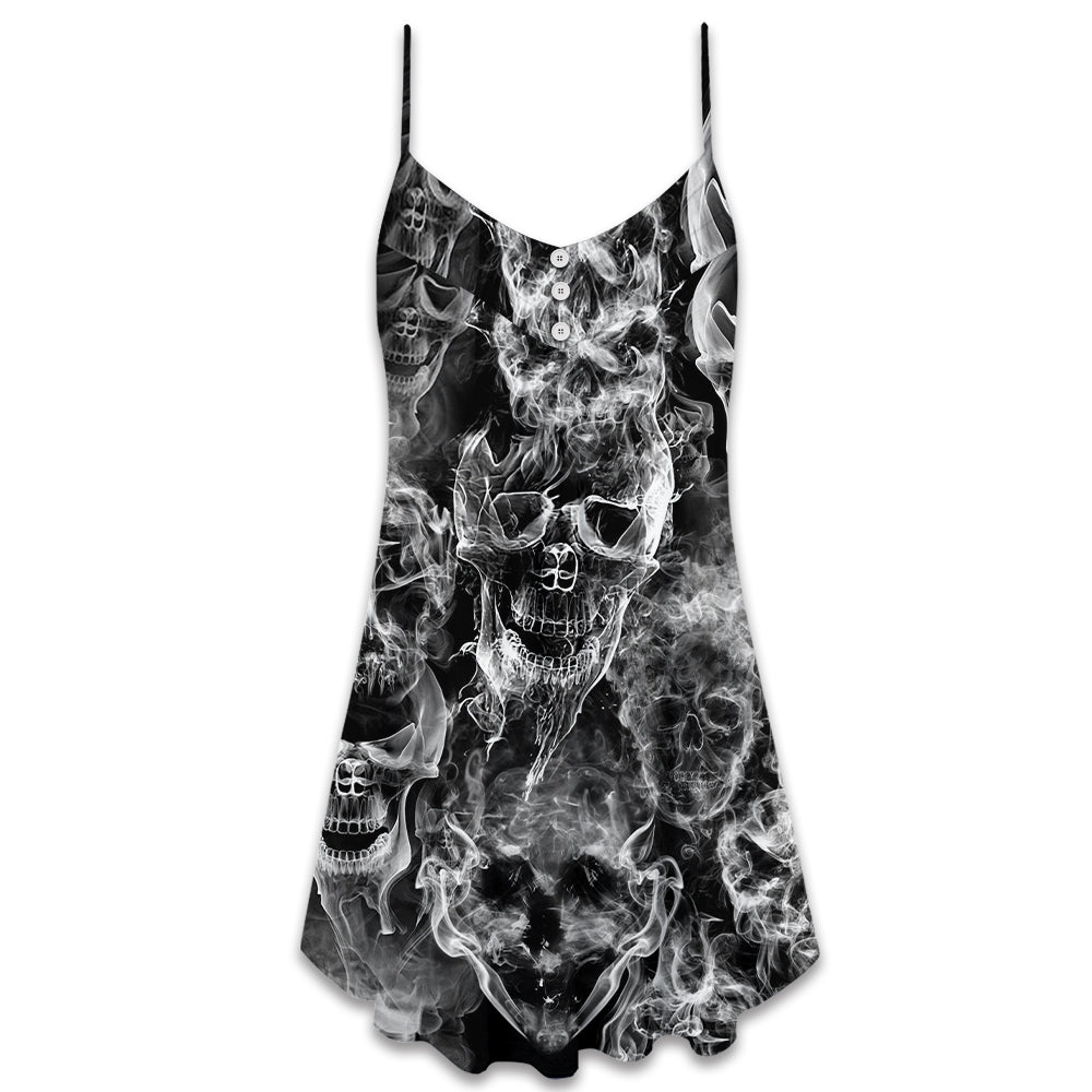 Skull Smoke Dark Life Theme V-Neck Sleeveless Cami Dress For Festivals Travel And Relaxed Casual Summer Wear