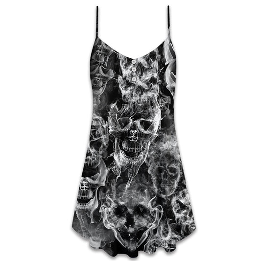 Skull Smoke Dark Life Theme V-Neck Sleeveless Cami Dress For Festivals Travel And Relaxed Casual Summer Wear