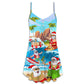 Santa Beach Holiday Fun V-Neck Sleeveless Cami Dress For Beach Trips Parties And Relaxed Warm Weather Style