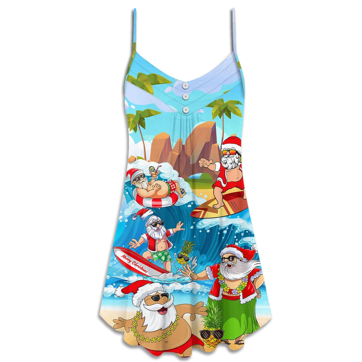 Santa Beach Holiday Fun V-Neck Sleeveless Cami Dress For Beach Trips Parties And Relaxed Warm Weather Style