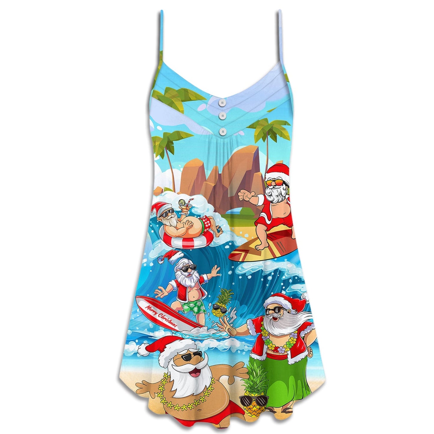 Santa Beach Holiday Fun V-Neck Sleeveless Cami Dress For Beach Trips Parties And Relaxed Warm Weather Style