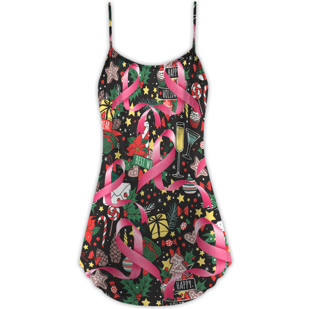 Christmas Pink Ribbon Support V-Neck Sleeveless Cami Dress For Festive Events And Casual Summer Styling