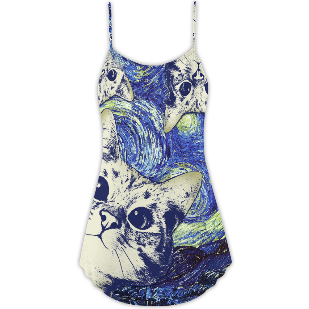 Cute Cat Love Life V-Neck Sleeveless Cami Dress For Summer Vacations Festivals And Playful Casual Styling