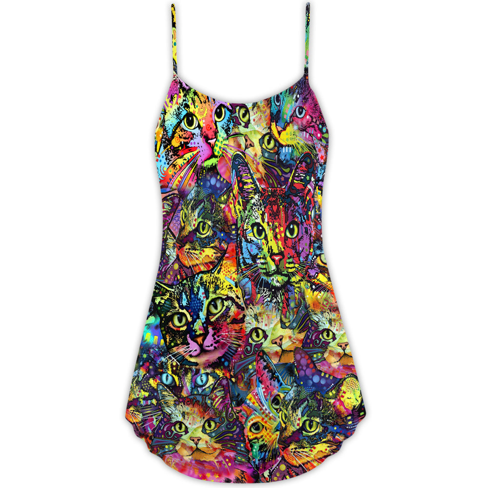 Smiling Colorful Cat Style V-Neck Sleeveless Cami Dress For Festivals Parties And Fun Warm Weather Outfits