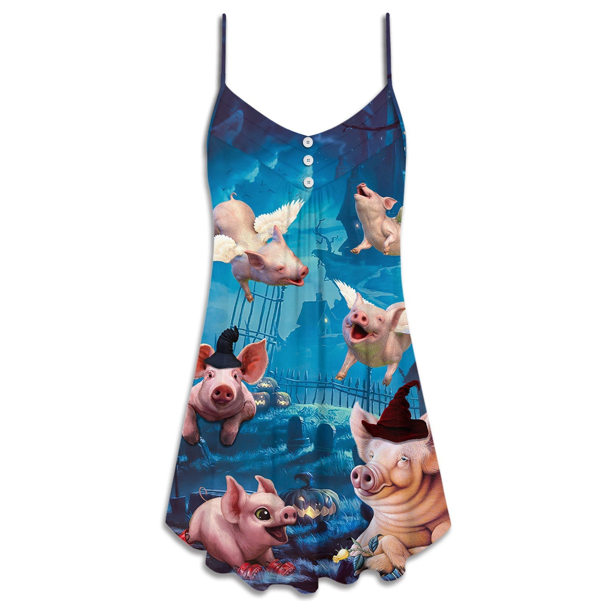 Halloween Flying Pig Pumpkin Scary V-Neck Sleeveless Cami Dress For Summer Events And Comfortable Everyday Style