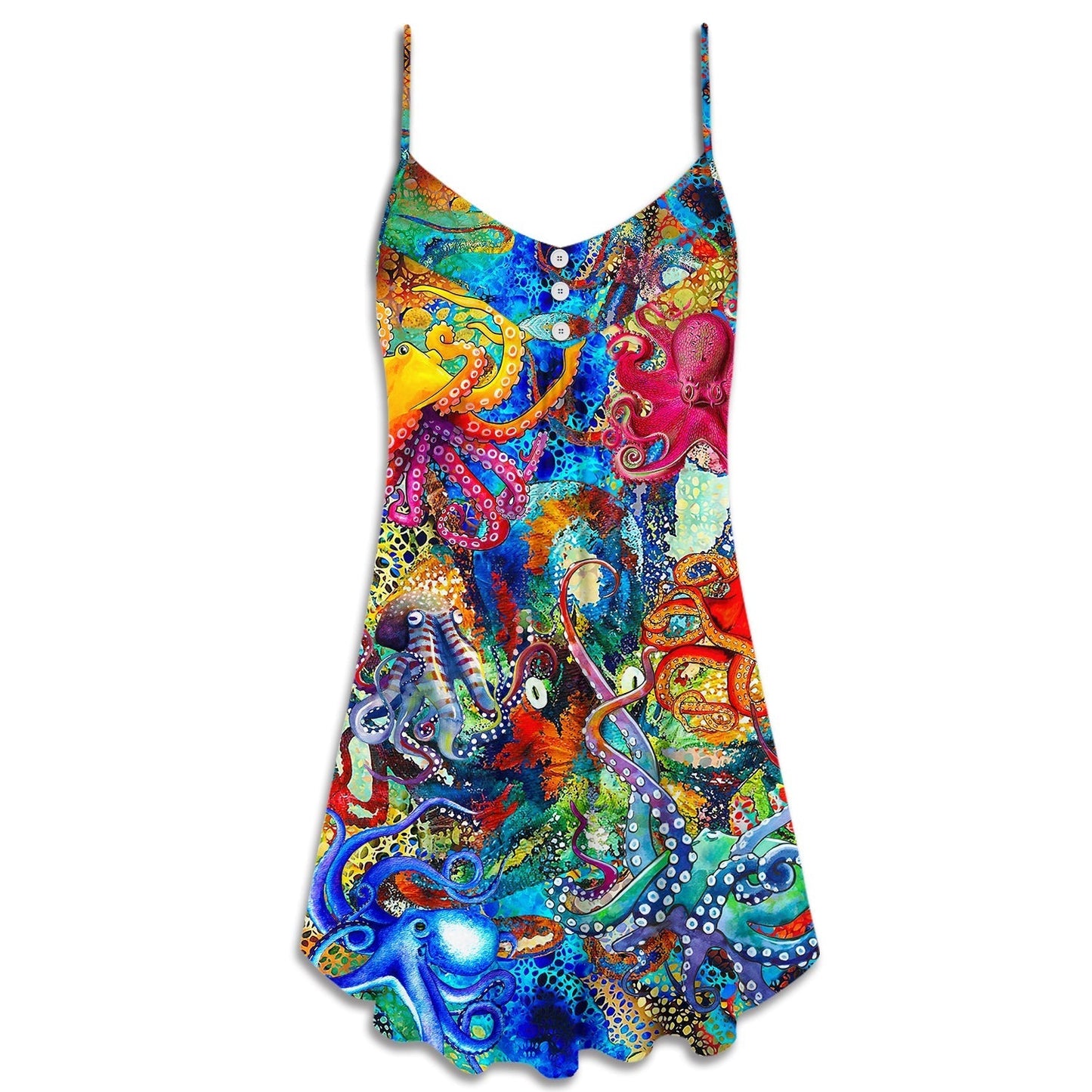 Octopus Lover Colorful Art V-Neck Sleeveless Cami Dress For Festivals Travel And Relaxed Casual Summer Wear