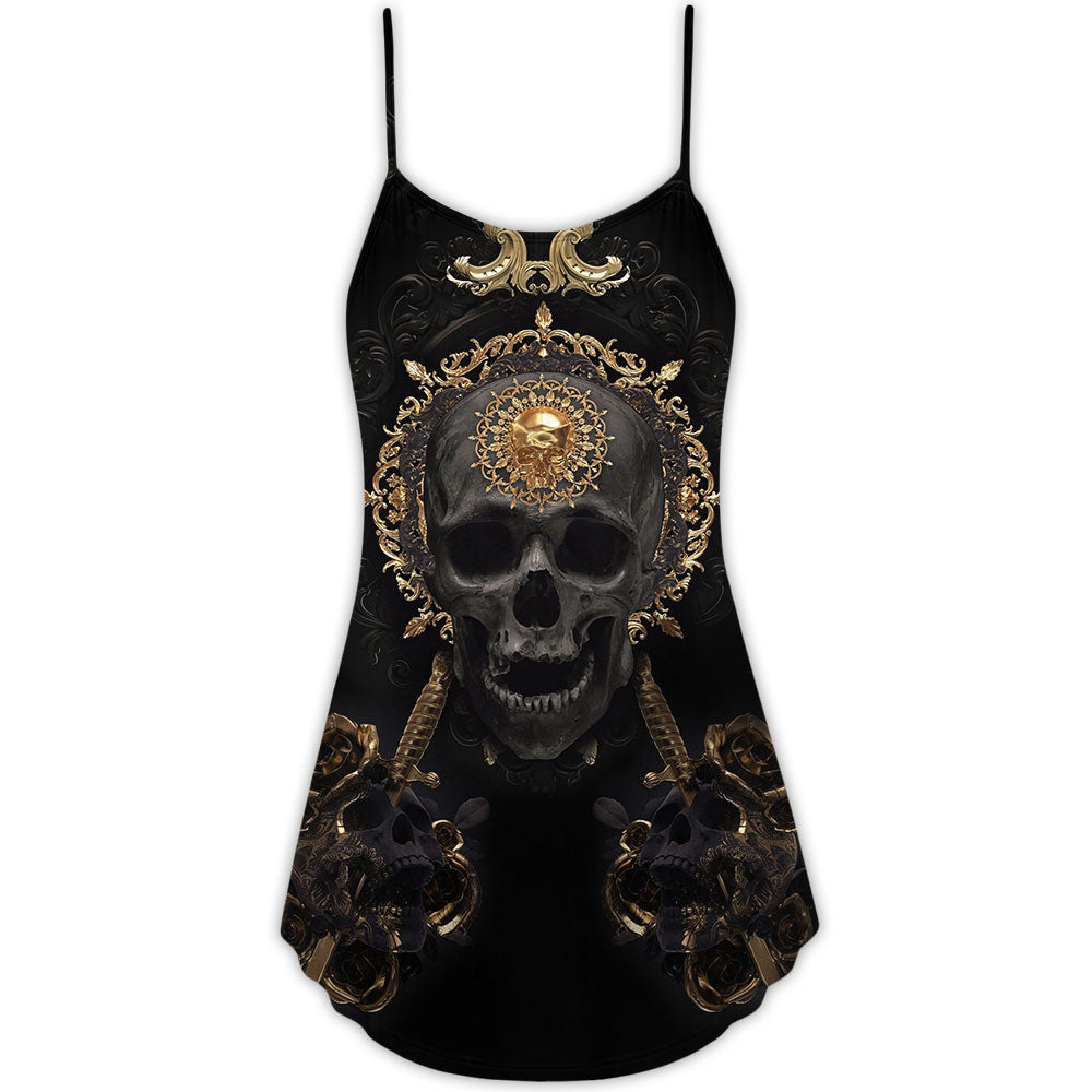 Golden Skull Stay True V-Neck Sleeveless Cami Dress For Summer Vacations Festivals And Casual Everyday Wear