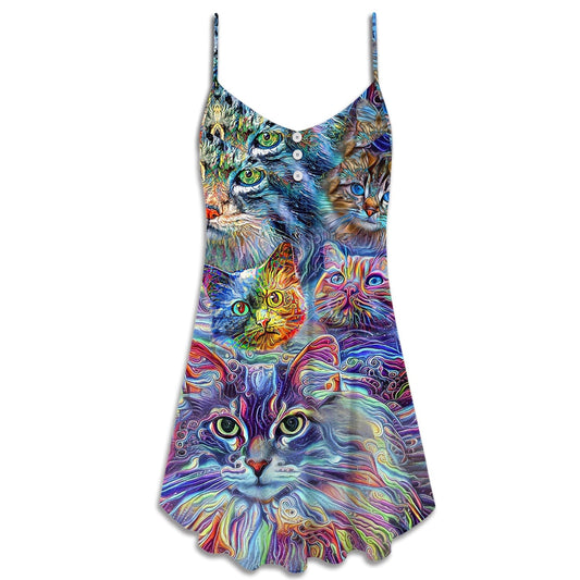 Hippie Cat Art Lover Colorful – Women's Summer Sleeveless V-Neck Camisole Dress