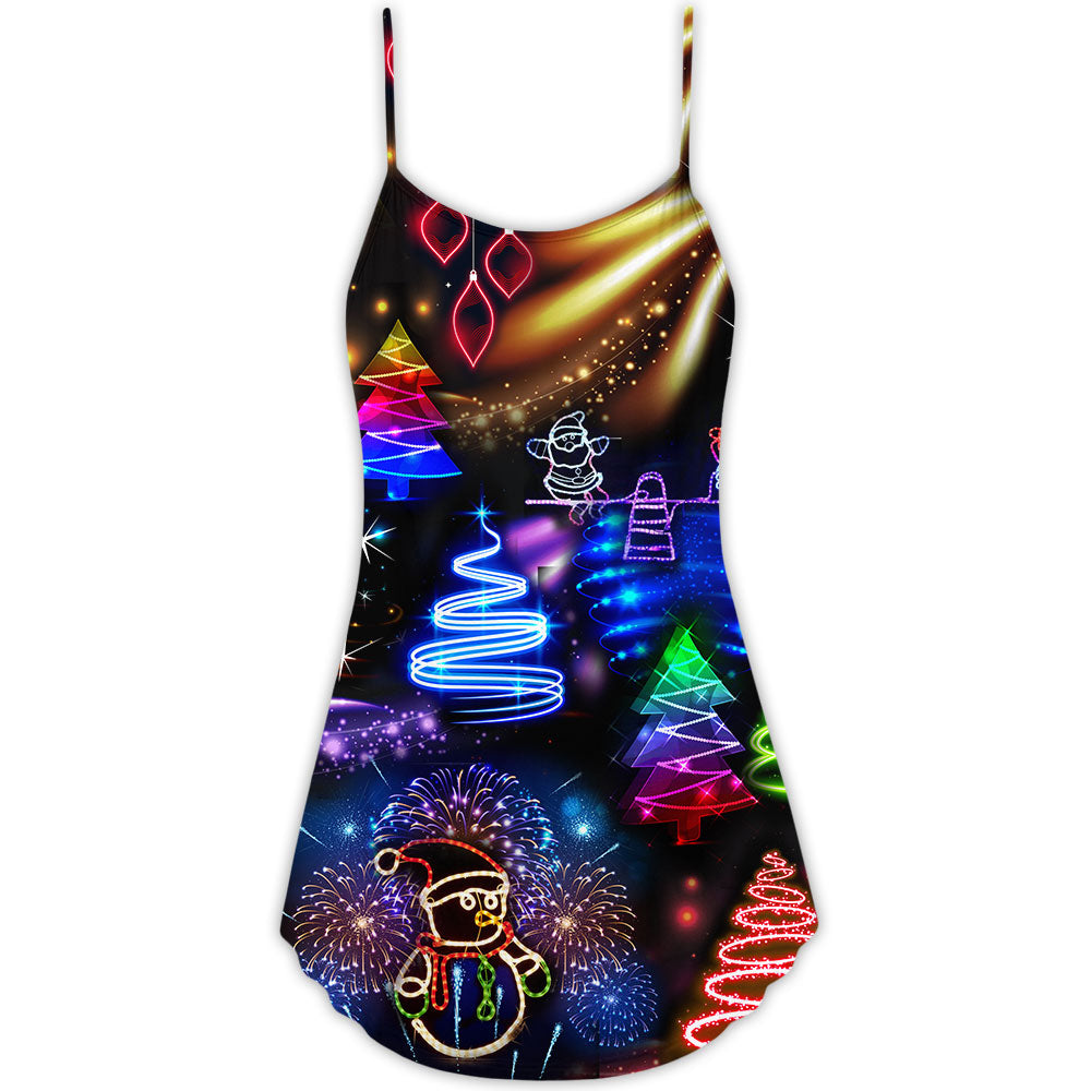 Christmas Neon Santa And Snowman V-Neck Sleeveless Cami Dress For Festive Events And Casual Summer Styling