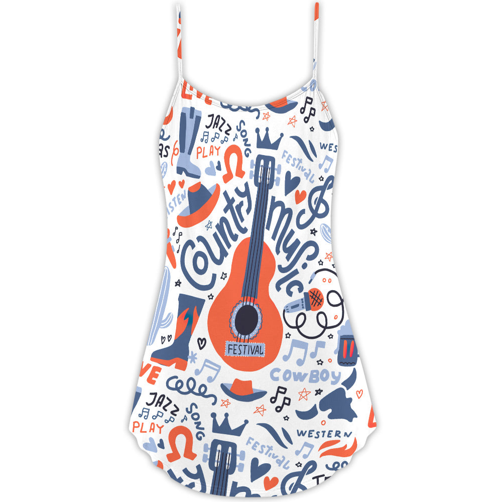 Country Guitar Music Festival V-Neck Sleeveless Cami Dress For Vacations And Casual Warm Weather Wear
