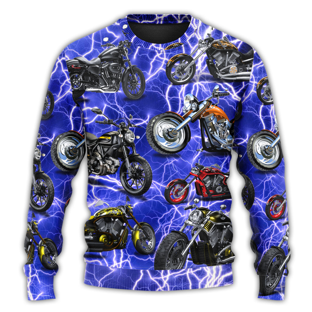 Motorcycle Lightning Blue Sweater For Vehicle Lovers Holidays Weekend Trips And Comfortable Wear
