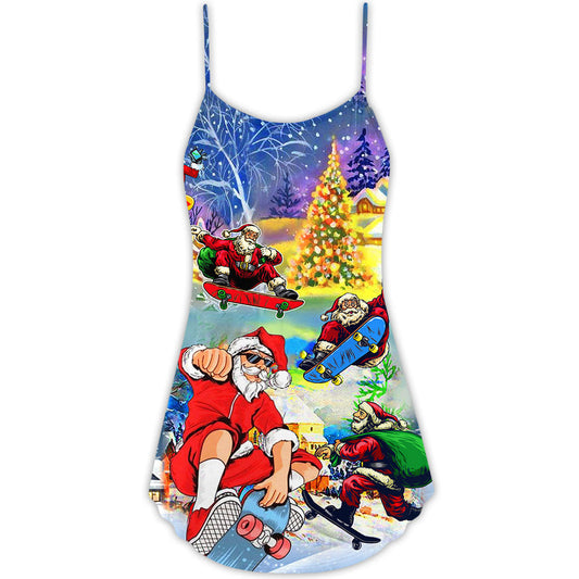 Skateboard Christmas Santa Jumping V-Neck Sleeveless Cami Dress For Summer Events And Comfortable Everyday Style