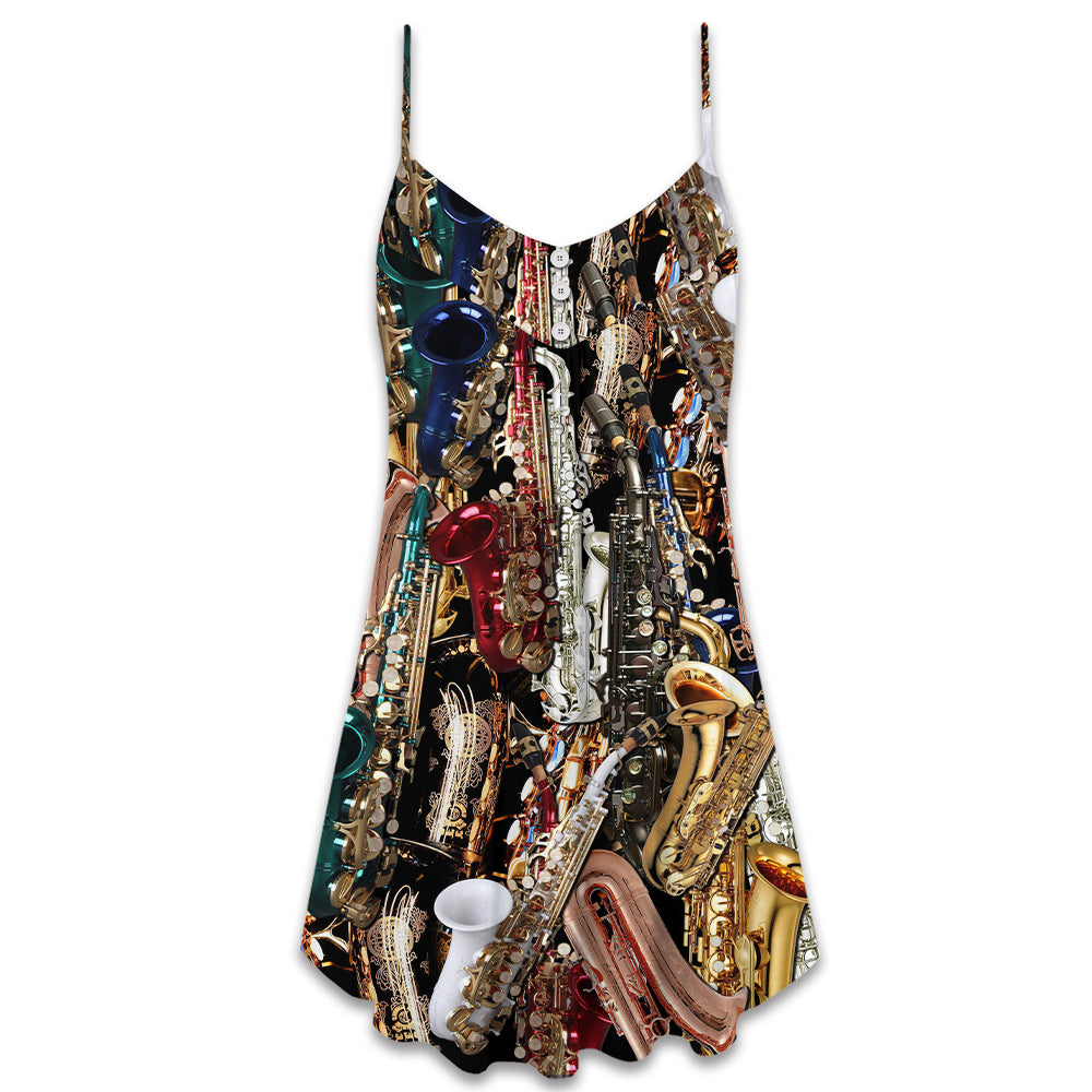 Saxophone Music Lover Quote V-Neck Sleeveless Cami Dress For Music Lovers Travel And Expressive Summer Fashion