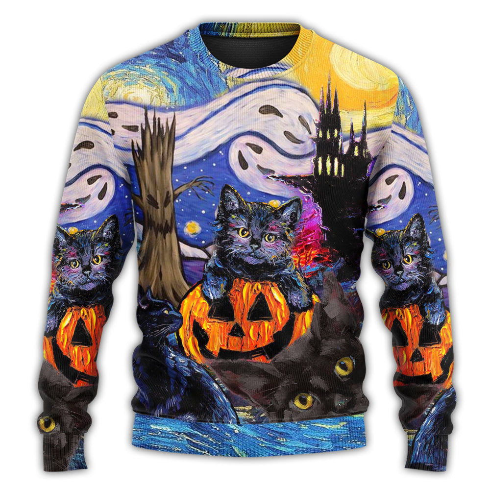 Halloween Black Cat Starry Night Sweater For Fantasy Fans Casual Outings And Weekend Adventures