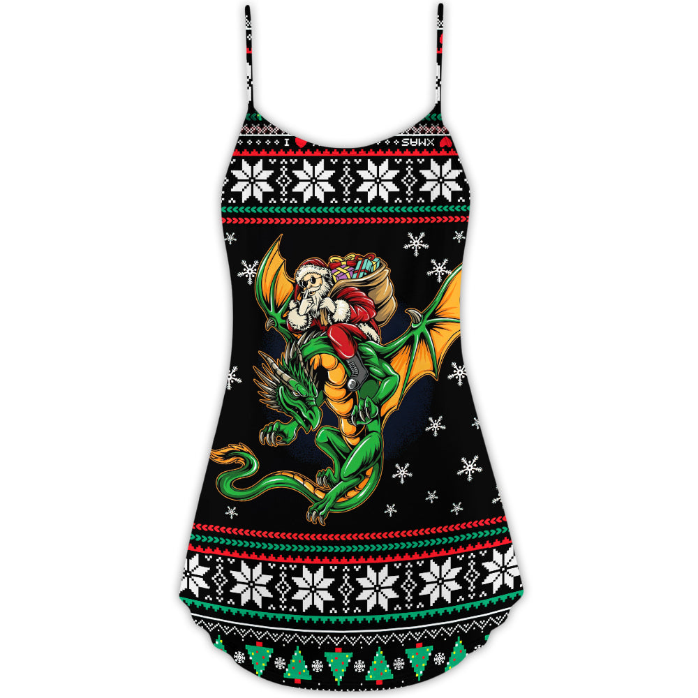 Christmas Santa And Dragon V-Neck Sleeveless Cami Dress For Vacations And Casual Warm Weather Wear