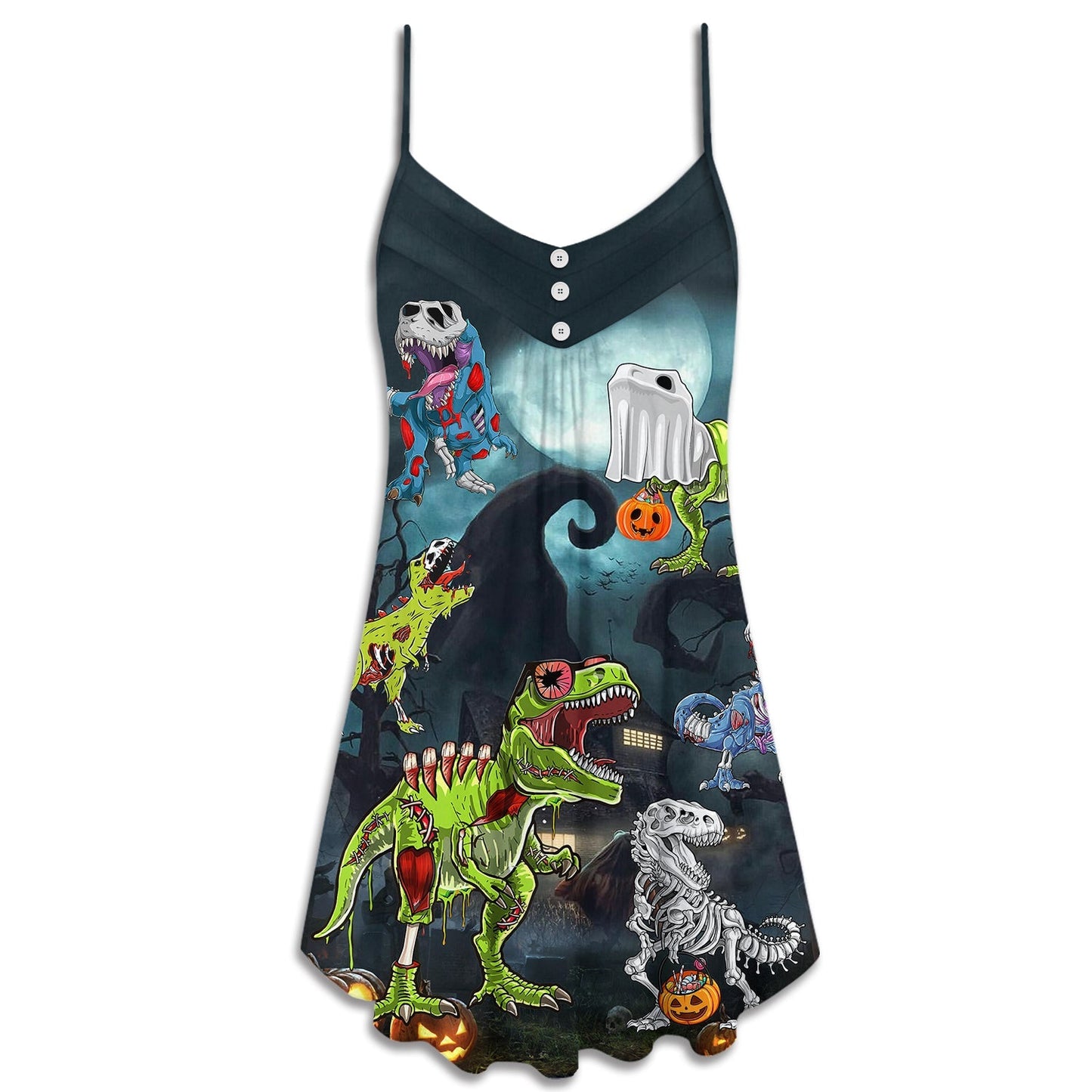Halloween Zombie Dinosaur Scary V-Neck Sleeveless Cami Dress For Festivals Travel And Relaxed Casual Summer Wear