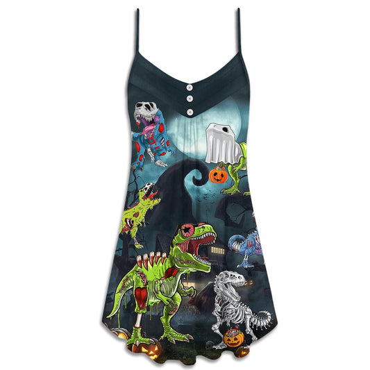 Halloween Zombie Dinosaur Scary V-Neck Sleeveless Cami Dress For Festivals Travel And Relaxed Casual Summer Wear