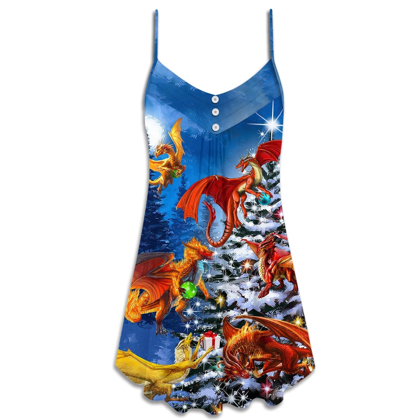 Christmas Dragon Family Love V-Neck Sleeveless Cami Dress For Festive Events And Casual Summer Styling