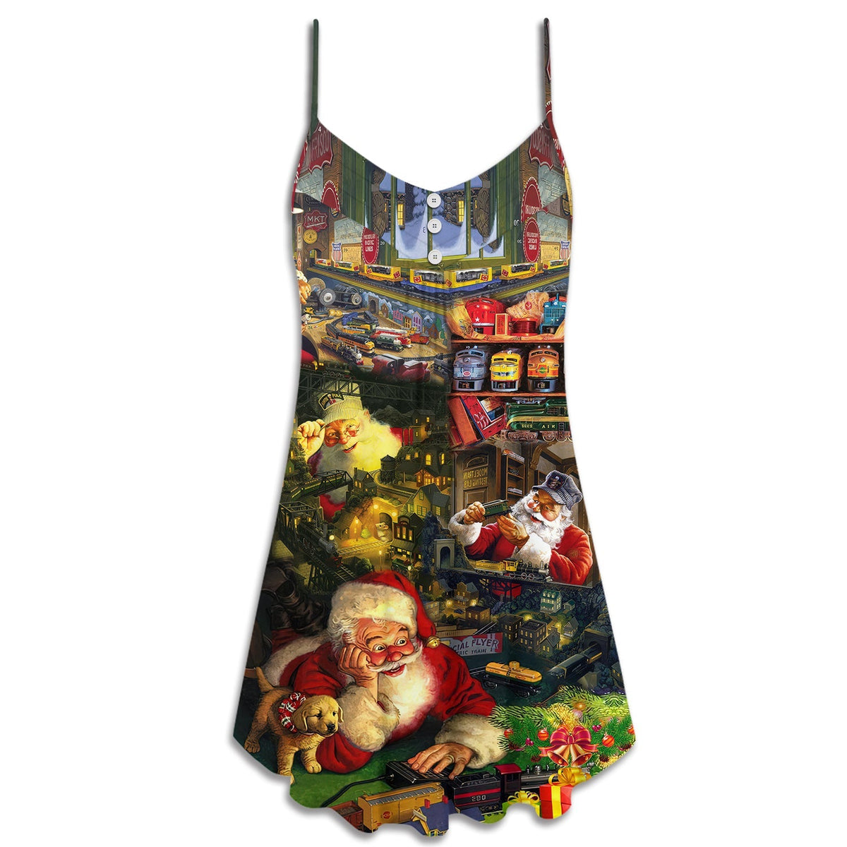 Christmas Santa Toy Train Factory V-Neck Sleeveless Cami Dress For Festive Events And Casual Summer Styling