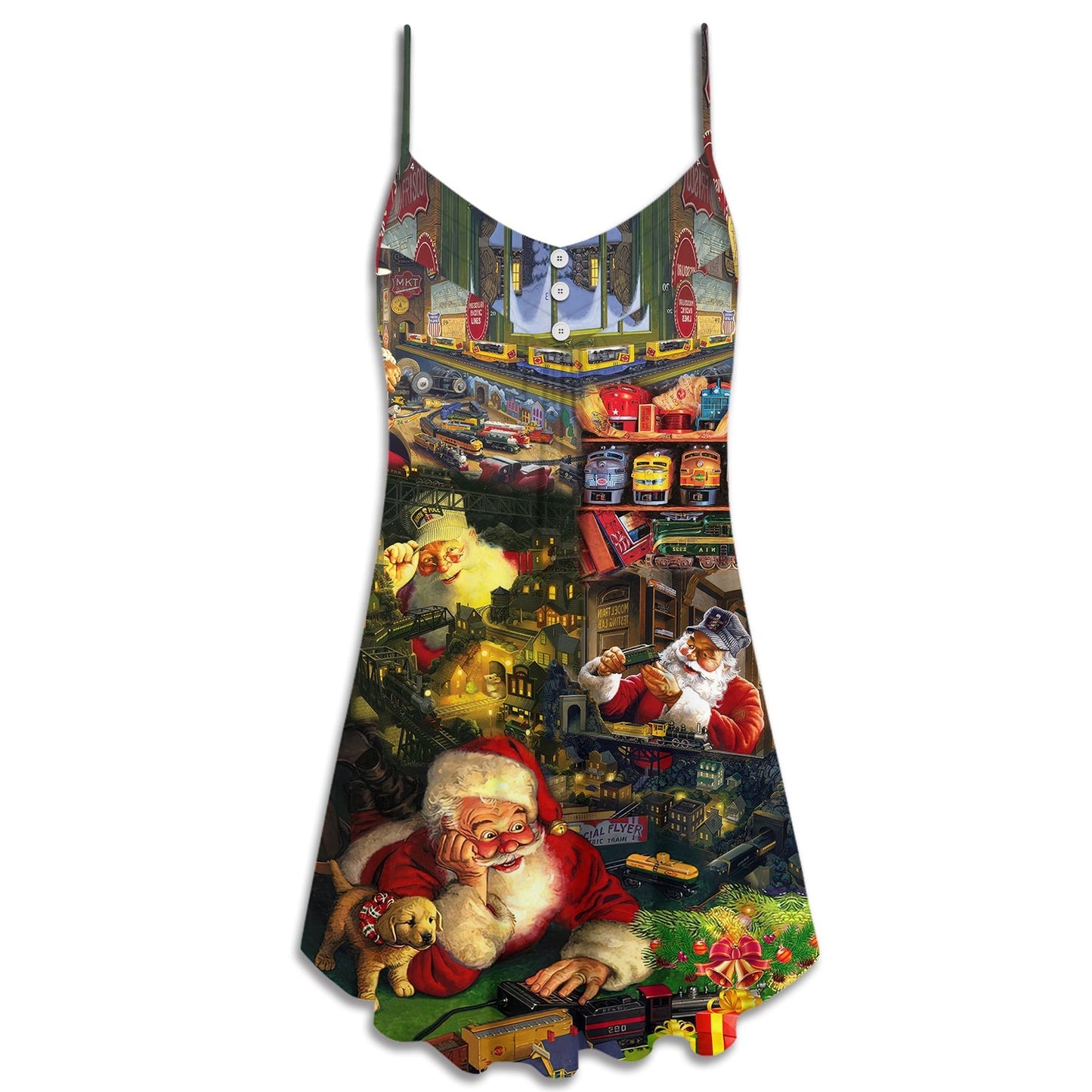 Christmas Santa Toy Train Factory V-Neck Sleeveless Cami Dress For Festive Events And Casual Summer Styling