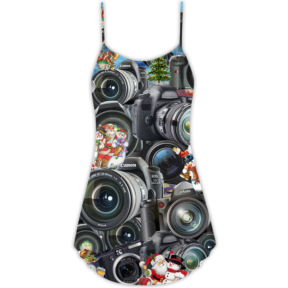 Camera Art Merry Christmas V-Neck Sleeveless Cami Dress For Festive Gatherings Travel And Casual Holiday Styling