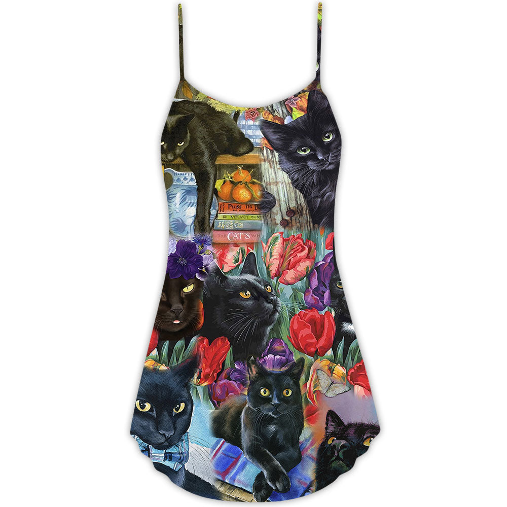 Black Cat Floral Art V-Neck Sleeveless Cami Dress For Festivals Travel And Relaxed Casual Summer Wear