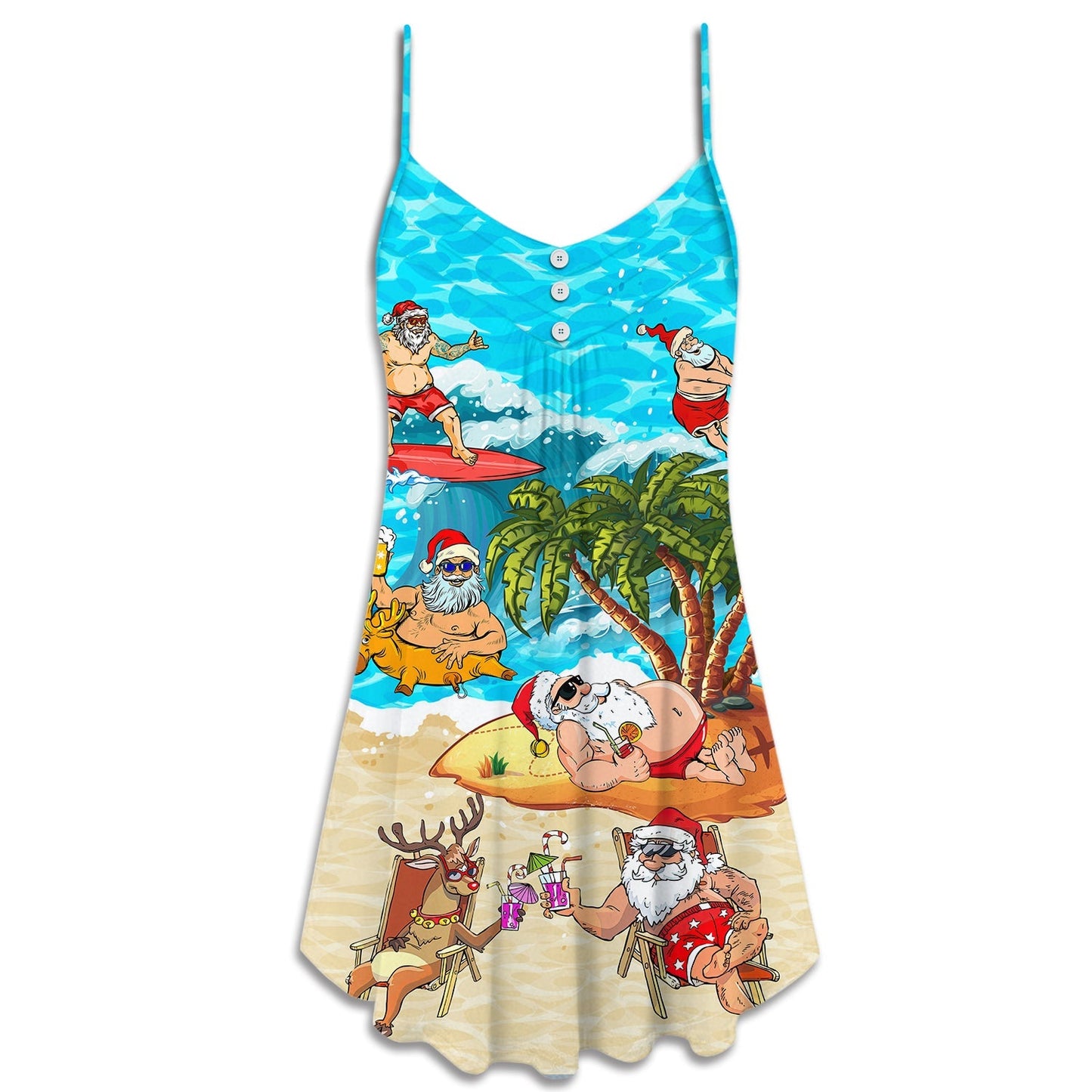 Santa Beach Chill Holiday V-Neck Sleeveless Cami Dress For Festive Events And Casual Summer Styling